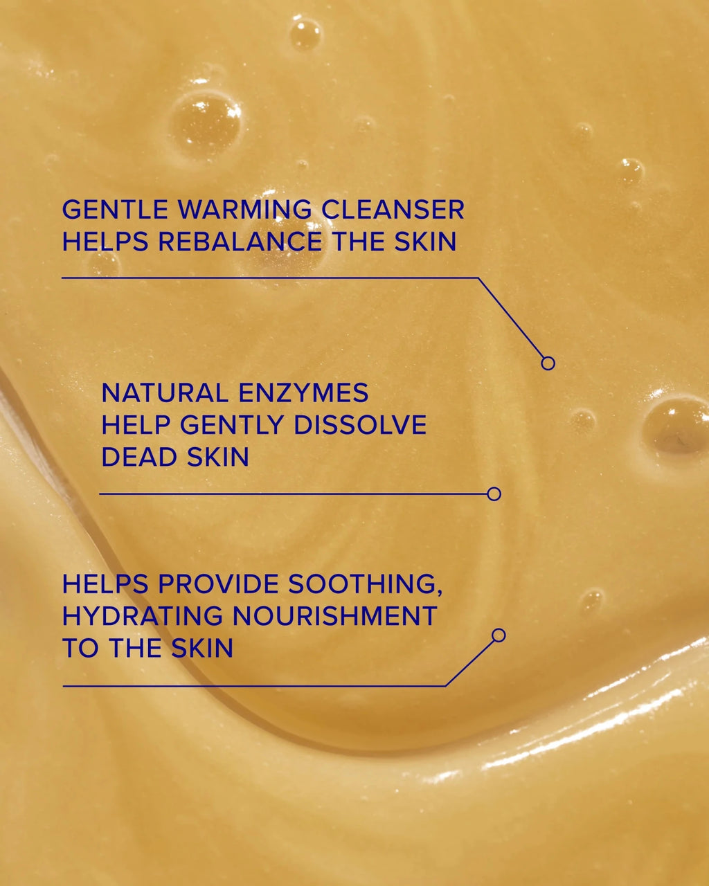 Close-up of skin with bubbles and text about a gentle warming cleanser.