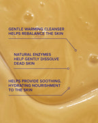 Close-up of skin with bubbles and text about a gentle warming cleanser.